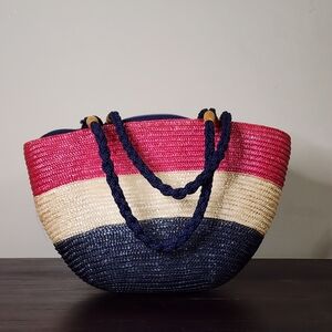 Vintage Italian Woven Straw Purse Handbag Pocketbook  Red and Navy Trendy Summer